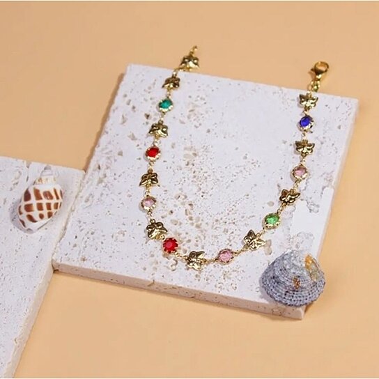 GOLD BUTTERFLY WITH MULTI COLOR CRYSTAL STONE ANKLE BRACELET