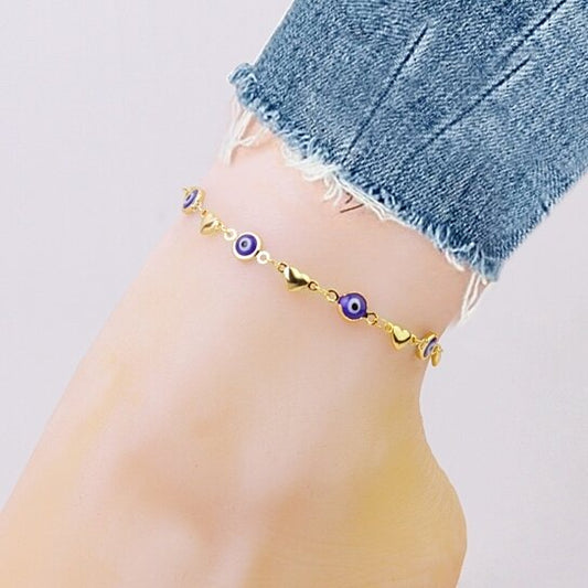 18K GOLD PLATED HEART BLUE EVIL EYE ANKLET