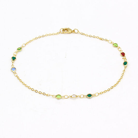 18K GOLD FILLED HIGH POLISH FINSH DAINTY MULTI COLOR CRYSTAL ANKLE BRACELET