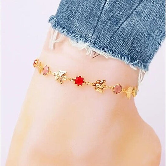 GOLD BUTTERFLY WITH MULTI COLOR CRYSTAL STONE ANKLE BRACELET