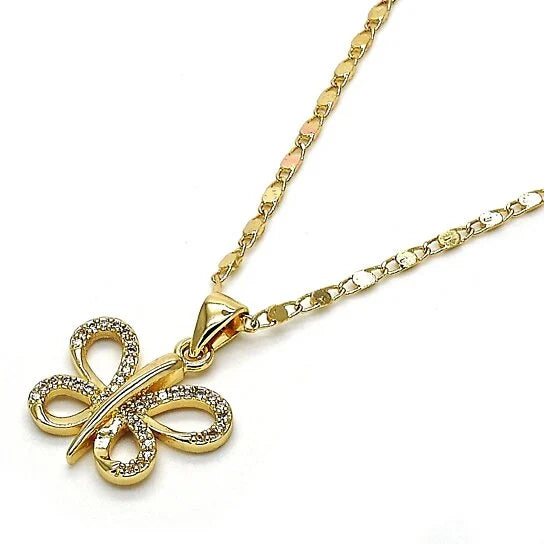 GOLD FILLED FANCY NECKLACE, BUTTERFLY DESIGN, WITH WHITE MICRO PAVE, POLISHED FINISH, GOLDEN TONE