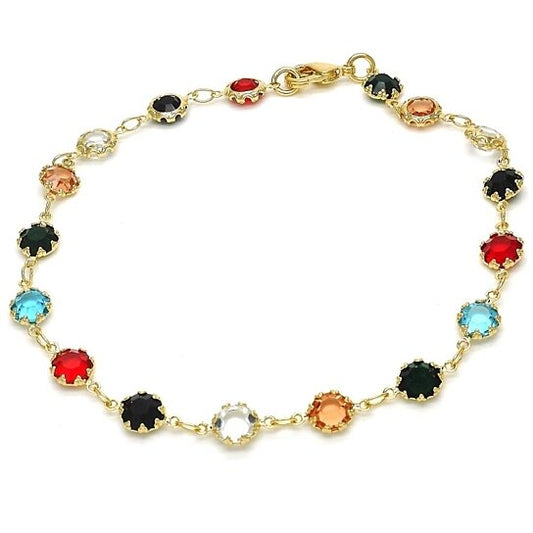 18K GOLD FILLED HIGH POLISH FINSH GOLD AND MULTI COLOR DARK CRYSTAL ROUND ANKLET 10''