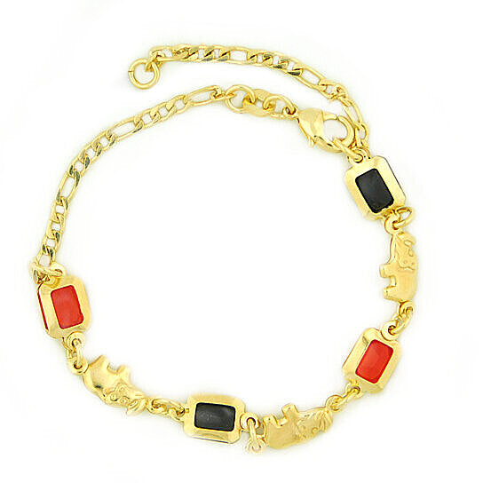 14K GOLD FILLED LINK AZABACHE RED AND BLACK ELEPHANT FIGARO BRACELET 7.5"