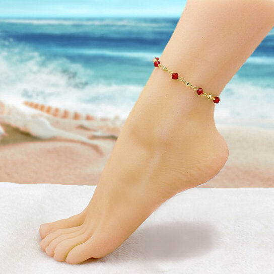 18K GOLD FILLED HIGH POLISH FINSH RED CRYSTAL ANKLE BRACELET