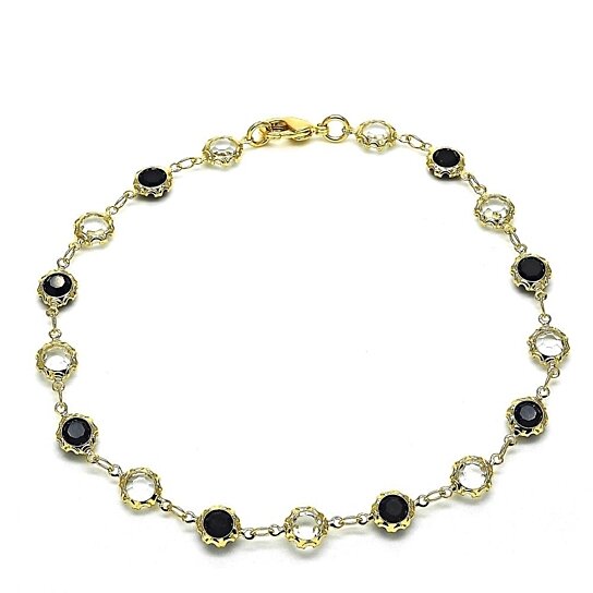 18K GOLD FILLED HIGH POLISH FINSH GOLD CRYSTAL BLACK AND WHITE ROUND ANKLET 10''