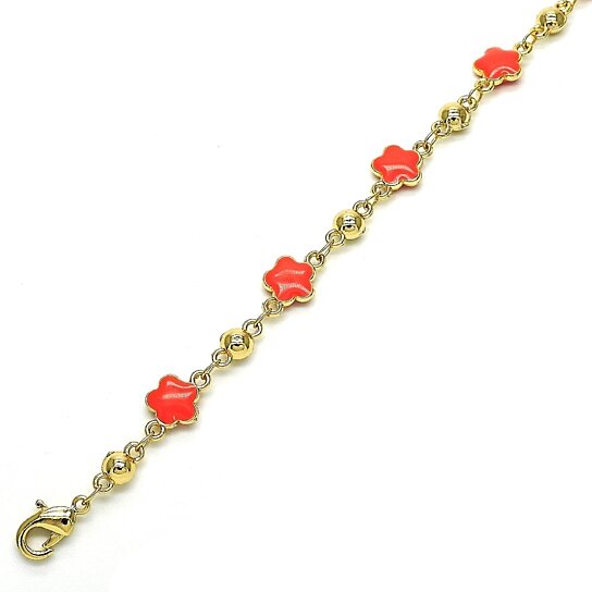 14K Gold High Polish Finish CoraL Enamel Flower Bracelet 8 Inches Women Teens