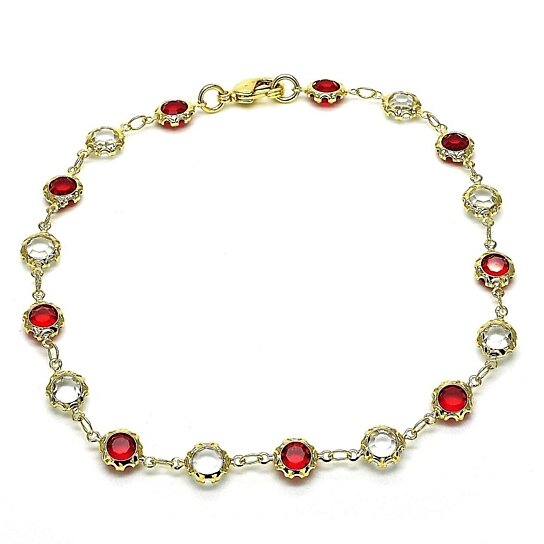 18K GOLD FILLED HIGH POLISH FINSH GOLD CRYSTAL RED AND WHITE ROUND ANKLET 10''