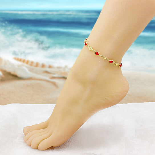 18K GOLD FILLED HIGH POLISH FINSH RED CRYSTAL FLOWER ANKLE BRACELET