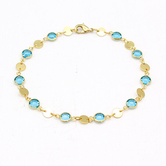 18K GOLD FILLED HIGH POLISH FINSH AQUAMARINE CRYSTAL ANKLE BRACELET