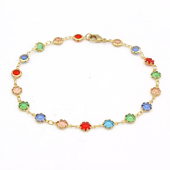 18K GOLD FILLED HIGH POLISH FINSH LIGHT MULTI COLOR ROUND CRYSTAL ANKLE BRACELET