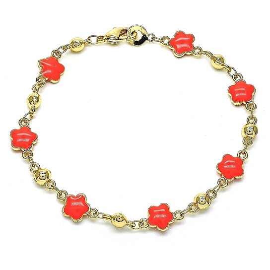 14K Gold High Polish Finish CoraL Enamel Flower Bracelet 8 Inches Women Teens