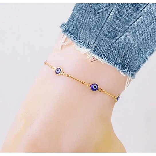 18K GOLD PLATED BAR STYLE BLUE EVIL EYE CRYSTAL ANKLET