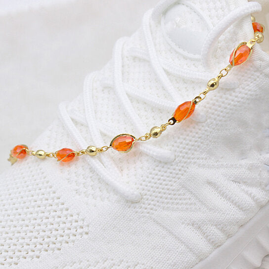 18K GOLD FILLED HIGH POLISH FINSH OVAL CRYSTAL ANKLE BRACELET