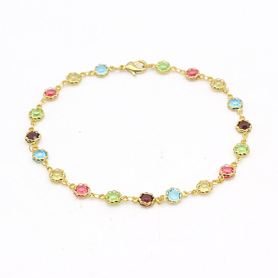 18K GOLD FILLED HIGH POLISH FINSH MULTI COLOR FLOWER CRYSTAL ANKLE BRACELET