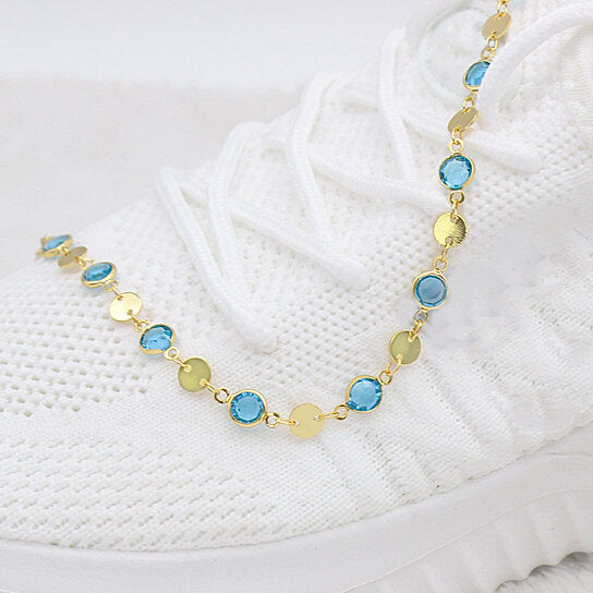 18K GOLD FILLED HIGH POLISH FINSH AQUAMARINE CRYSTAL ANKLE BRACELET