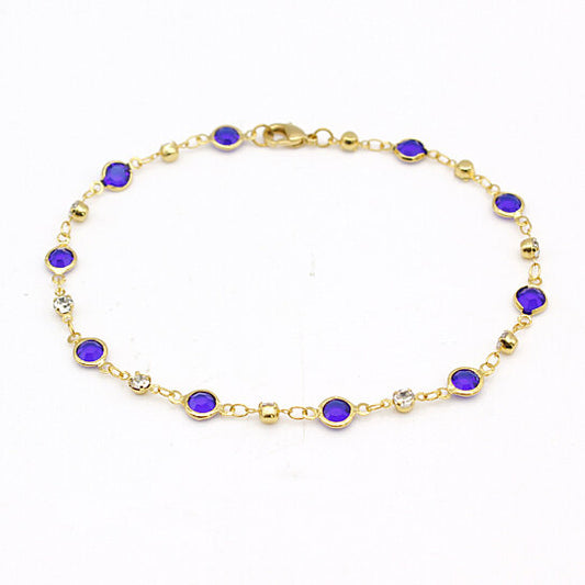 18K GOLD FILLED HIGH POLISH FINSH BLUE CRYSTAL ANKLE BRACELET