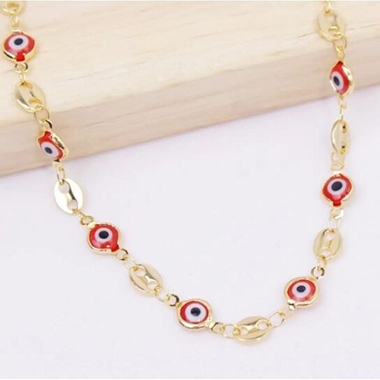 18K GOLD PLATED MARINER RED EVIL EYE CRYSTAL ANKLET