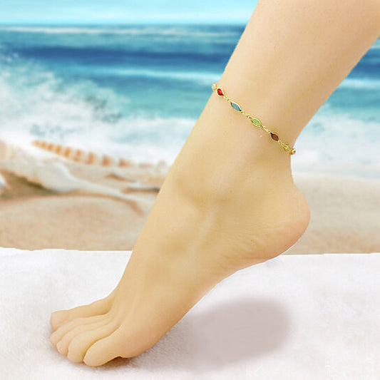 18K GOLD FILLED HIGH POLISH FINSH GOLD AND MULTI COLOR CRYSTAL OVAL ANKLET