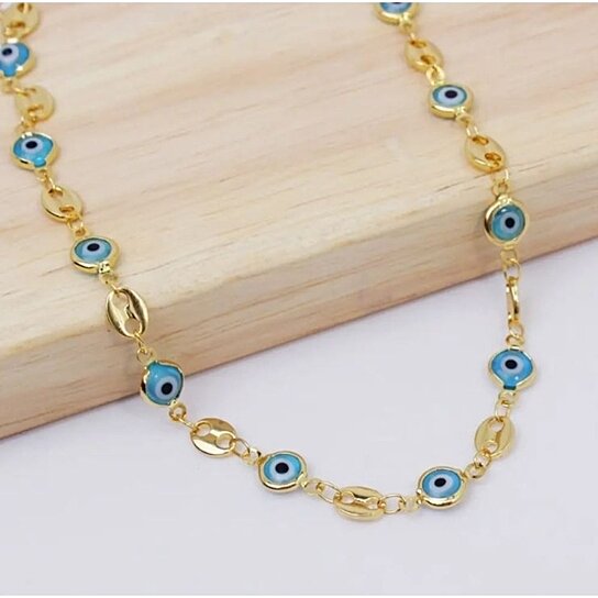 18K GOLD PLATED MARINER LIGHT BLUE EVIL EYE CRYSTAL ANKLET