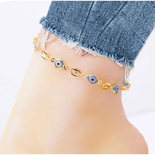 18K GOLD PLATED MARINER LIGHT BLUE EVIL EYE CRYSTAL ANKLET