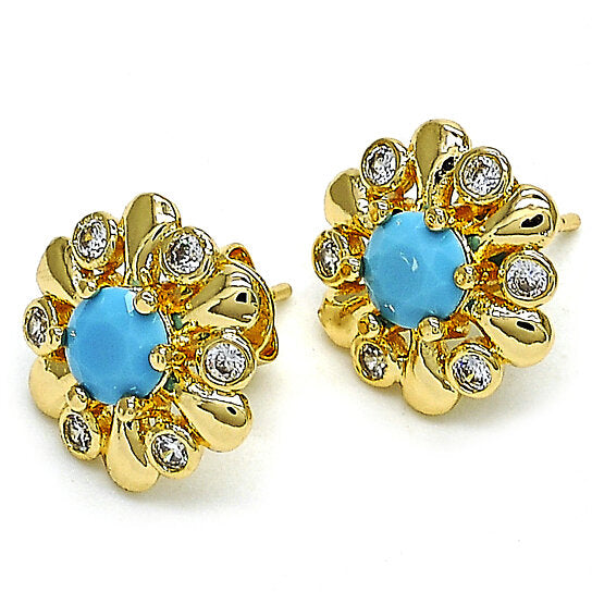 14K Gold High Polish Finish Stud Earring, Flower Design, With Opal and Cubic Zirconia, Golden Tone