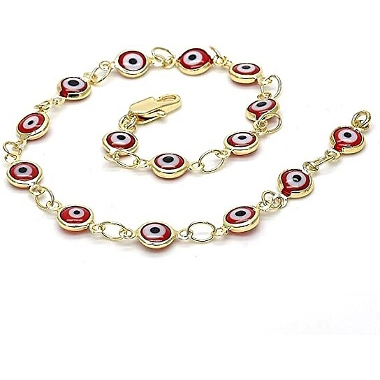 18K WOMEN'S GOLD FILLED HIGH POLISH FINSH RED EVIL EYE CLASP BRACELET 7.5 INCH