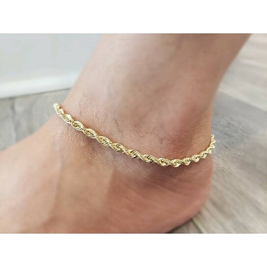 14K YELLOW GOLD FILLED HIGH POLISH FINSH ROPE LINK ANKLET 5MM 10'' WHITE/YELLOW + JEWELRY POUCH FOR WOMEN TEENS