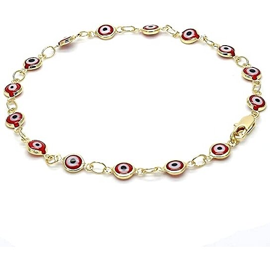 18K WOMEN'S GOLD FILLED HIGH POLISH FINSH RED EVIL EYE CLASP BRACELET 7.5 INCH