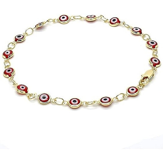 18K WOMEN'S GOLD FILLED HIGH POLISH FINSH RED EVIL EYE CLASP BRACELET 7.5 INCH