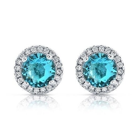 Halo CZ Aquamarine Stud Earrings White Gold