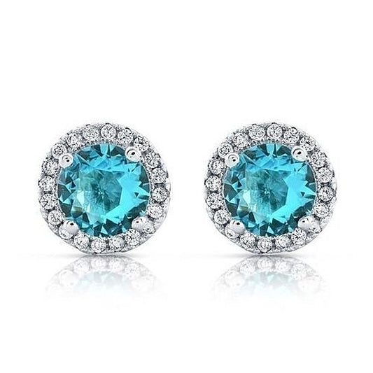 Halo CZ Aquamarine Stud Earrings White Gold