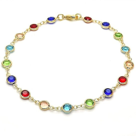 18K GOLD FILLED HIGH POLISH FINSH GOLD AND MULTI COLOR CRYSTAL ROUND ANKLET 10''