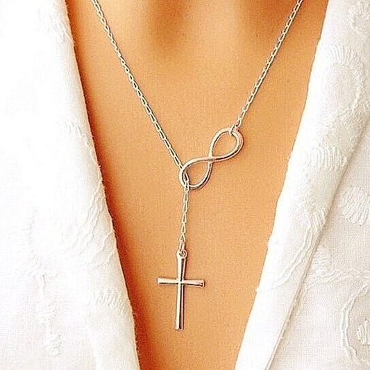 Sterling Silver Plated Infinity Cross Lariat Necklace