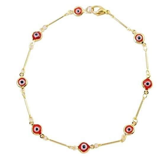 18K GOLD PLATED BAR STYLE RED EVIL EYE CRYSTAL ANKLET