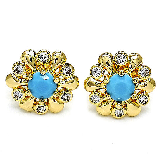 14K Gold High Polish Finish Stud Earring, Flower Design, With Opal and Cubic Zirconia, Golden Tone