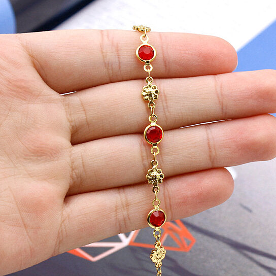 18K GOLD FILLED HIGH POLISH FINSH RED CRYSTAL FLOWER ANKLE BRACELET