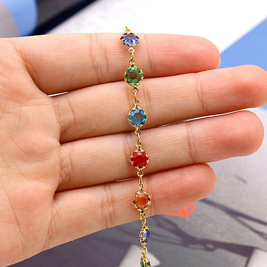 18K GOLD FILLED HIGH POLISH FINSH LIGHT MULTI COLOR ROUND CRYSTAL ANKLE BRACELET