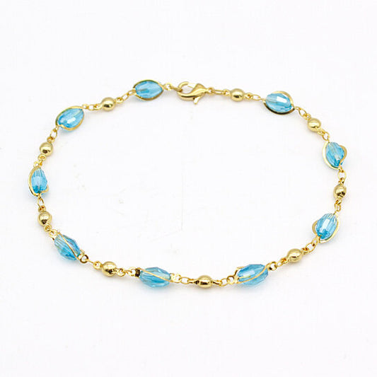 18K GOLD FILLED HIGH POLISH FINSH AQUAMARINE OVAL CRYSTAL ANKLE BRACELET