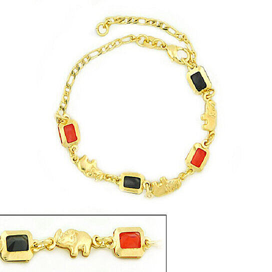 14K GOLD FILLED LINK AZABACHE RED AND BLACK ELEPHANT FIGARO BRACELET 7.5"