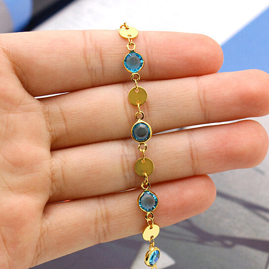 18K GOLD FILLED HIGH POLISH FINSH AQUAMARINE CRYSTAL ANKLE BRACELET