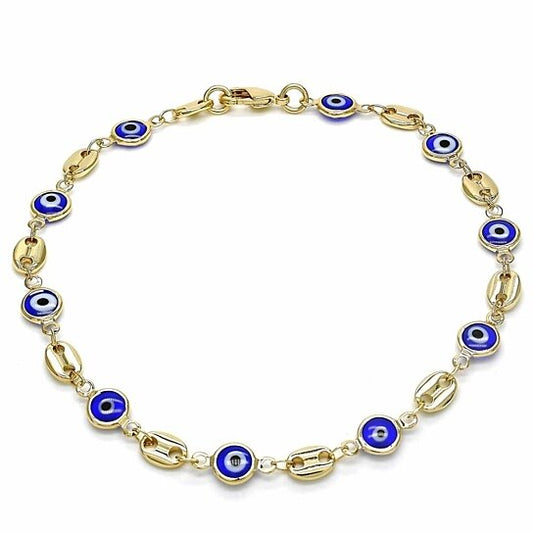 18K WOMEN'S GOLD FILLED HIGH POLISH FINSH MARINER MARINA-BLUE EVIL EYE LOBSTER CLASP ANKLE BRACELET 10'' INCH