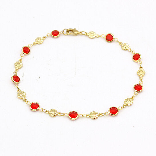 18K GOLD FILLED HIGH POLISH FINSH RED CRYSTAL FLOWER ANKLE BRACELET