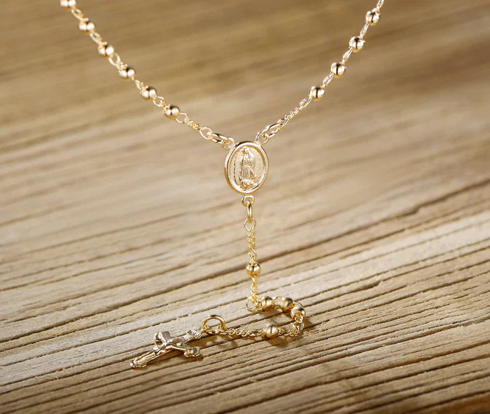 Unisex 14K Gold Virgin Mary Rosary Cross Necklace – Black, Multicolor & Gold Bead Options