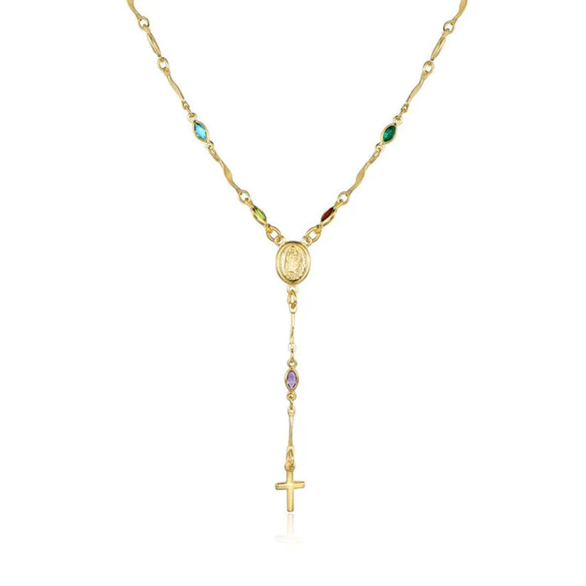 Unisex 14K Gold Virgin Mary Rosary Cross Necklace – Black, Multicolor & Gold Bead Options