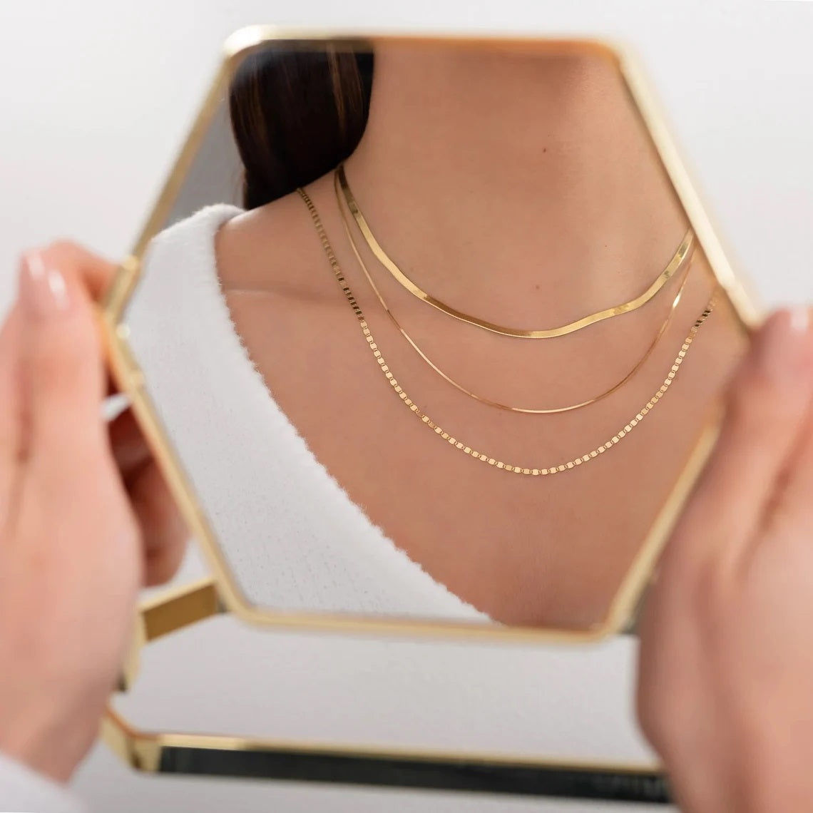 14K-Gold-Plated Solid 925 Sterling Silver Herringbone Chain Necklace