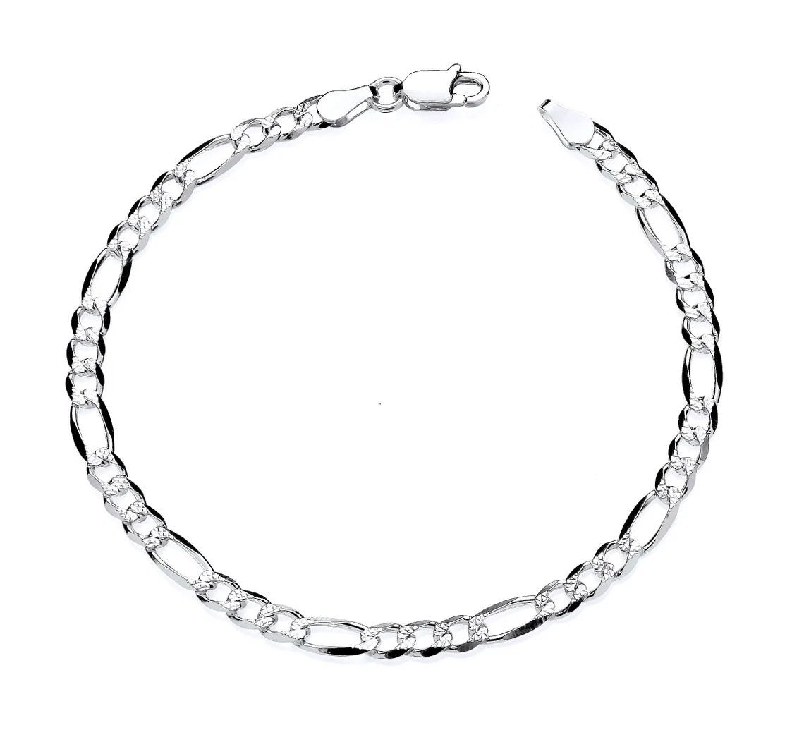 Sterling Silver 7inch Figaro Bracelet - Diamond Cut Finish - Solid 925 Silver 3MM