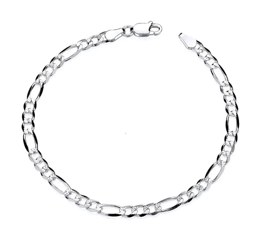 Sterling Silver 7inch Figaro Bracelet - Diamond Cut Finish - Solid 925 Silver 3MM