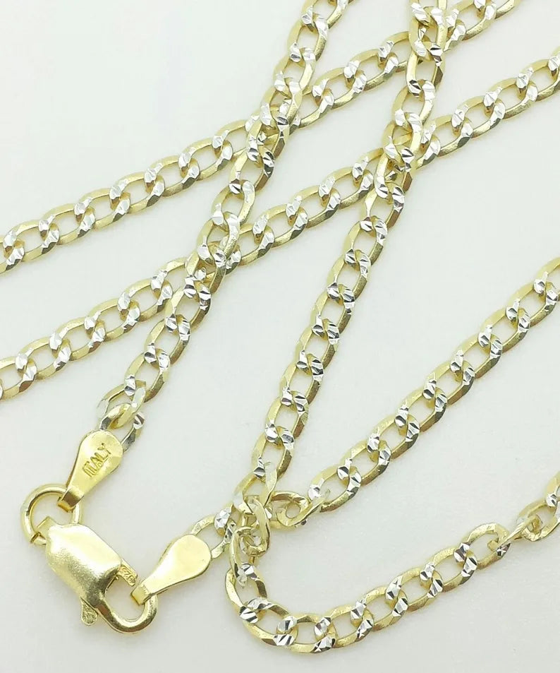 925 Sterling Silver Italian Solid Yellow Pave Cuban Curb Link Chain 16"-24" 3mm Sale