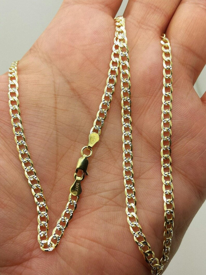 925 Sterling Silver Italian Solid Yellow Pave Cuban Curb Link Chain 16"-24" 4mm Fathers Day Gift/Best Selling Sale