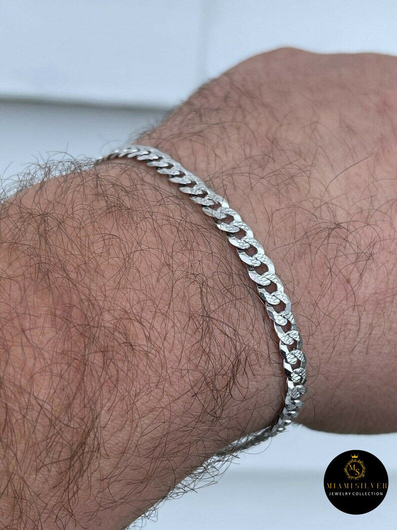 Real Solid 925 Vermeil Silver Men's Miami Cuban Link Bracelet Diamond Cut Bracelet